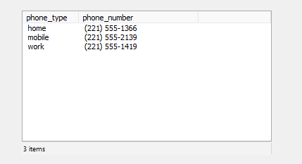 This image shows the query results and lists three phone numbers for the selected employee.